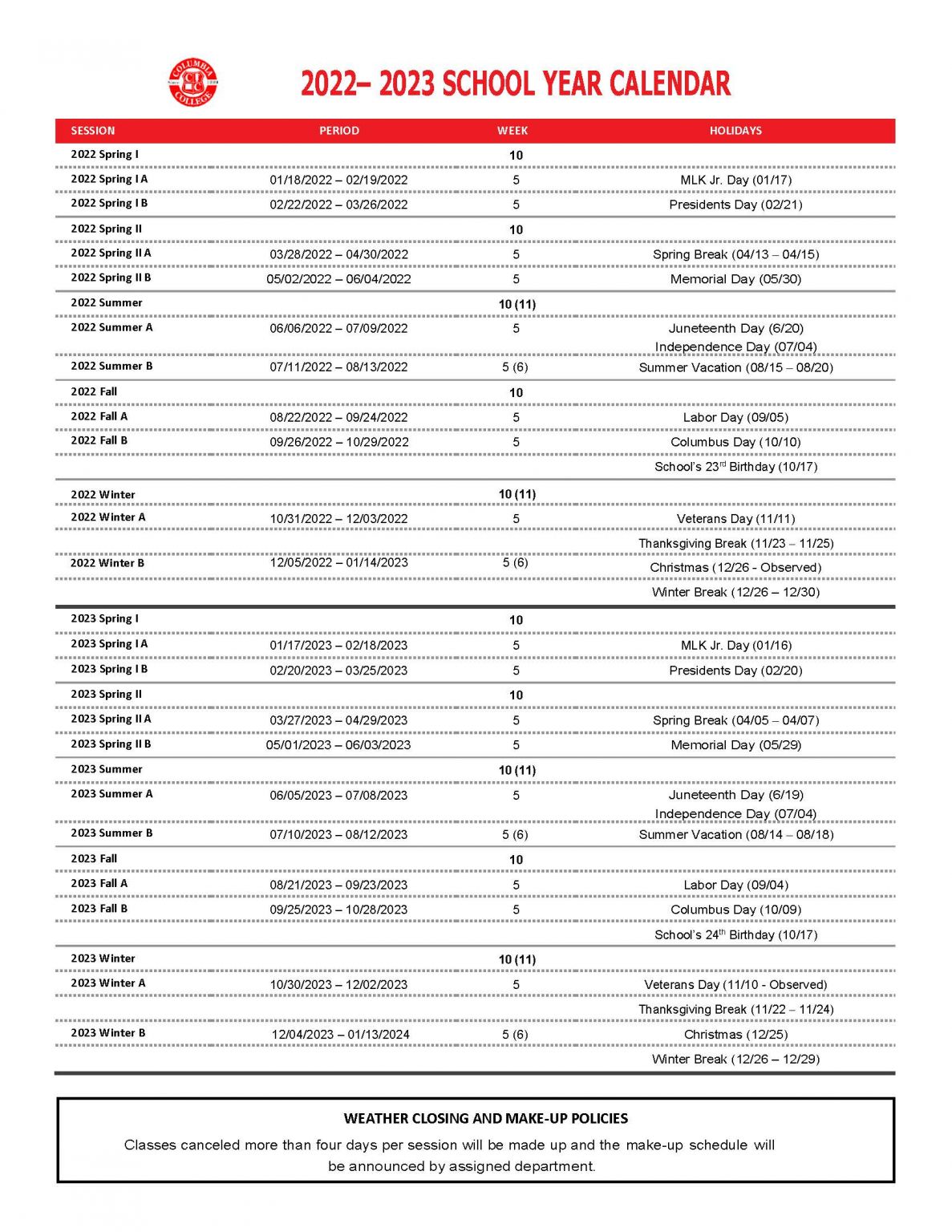 Academic Calendar - Columbia College