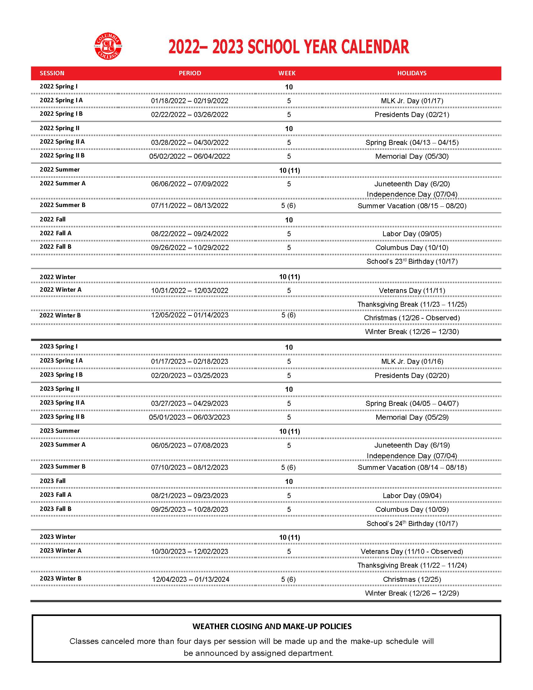 Academic Calendar Columbia College